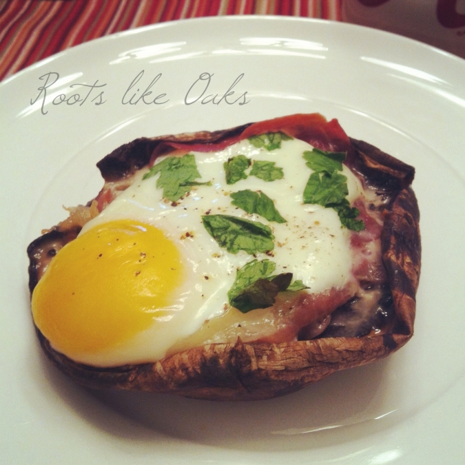 This was our first attempt at baked eggs for breakfast. That's a portobello mushroom filled with prosciutto and a baked egg topped with parsley. Actually looked better than it tasted (kind of earthy) but still good. recipe from paleospirit.com